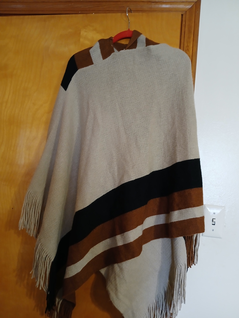 Cream Fringe Poncho with Brown and Black Stripes